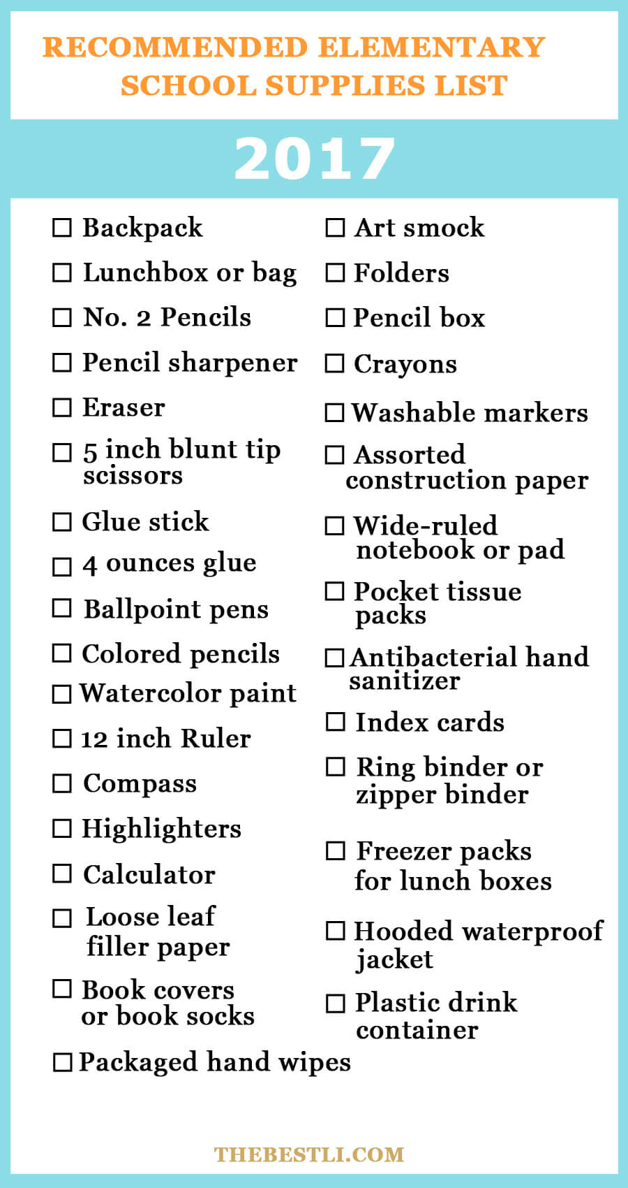 Elementary school supplies checklist