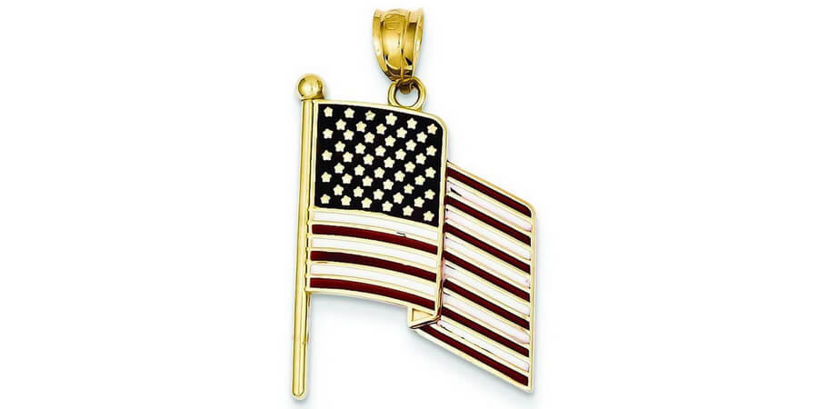 14K Gold Red White & Blue Enamel American Flag Pendant