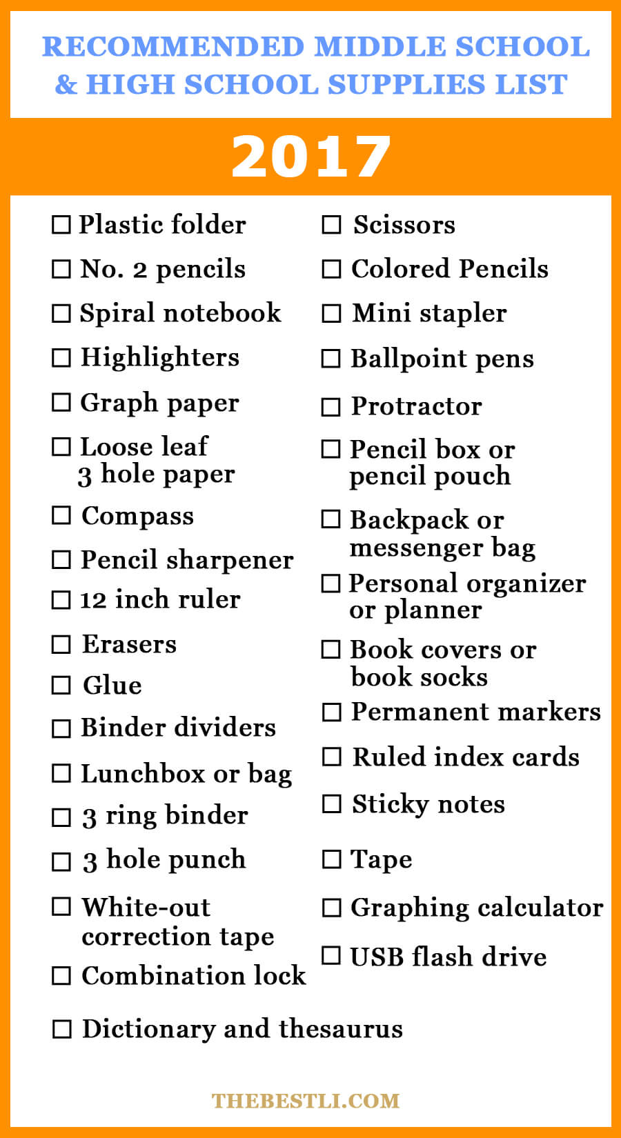 middle school and high school supplies checklist